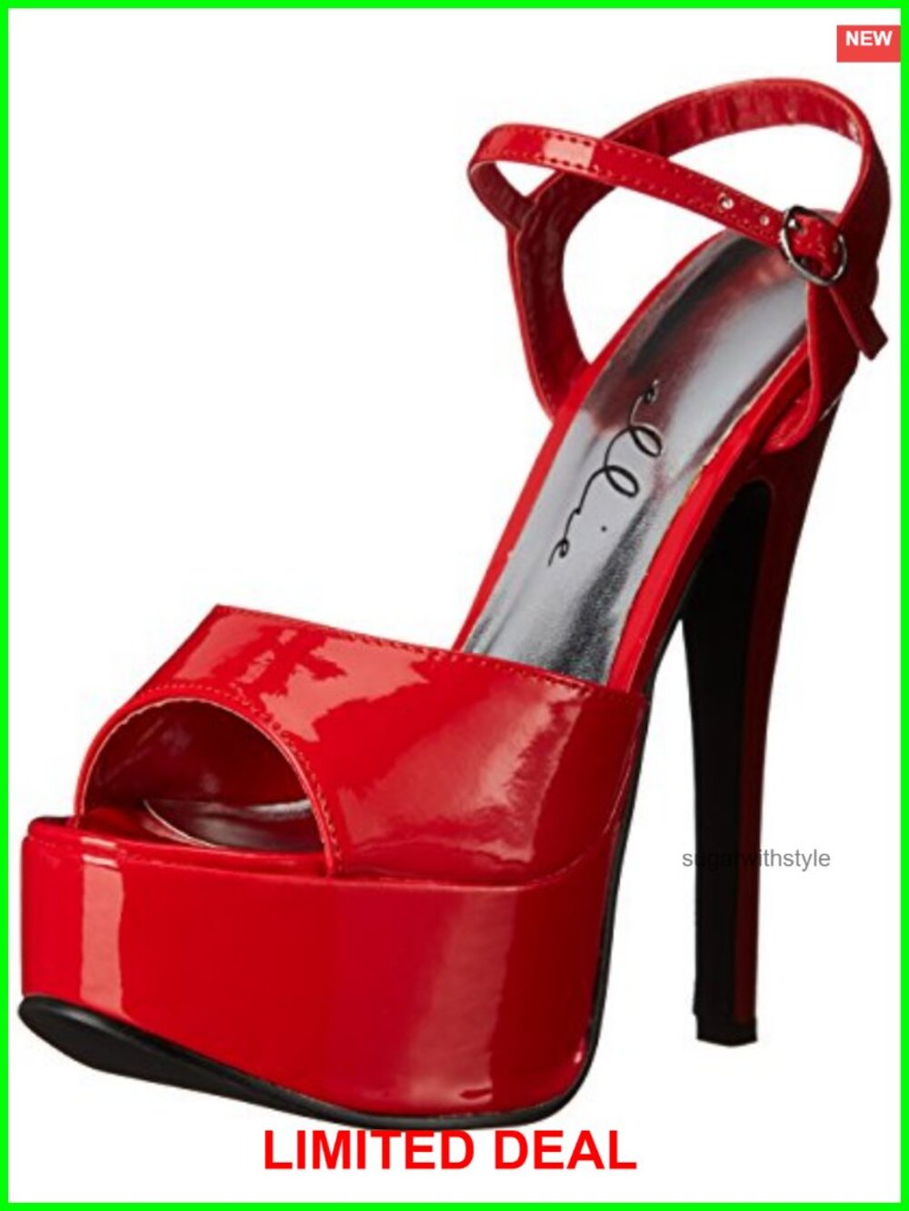 Faux Patent Leather Platform Sandal with Ankle Strap and Stiletto Heel